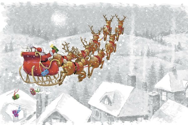 Reindeer in a sled flying through the city