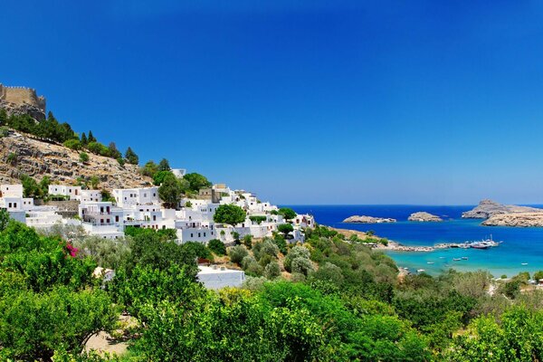 Greece Landschaft Festung Küste Häuser Bäume Natur