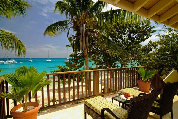 Blick von den Liegestühlen des Resorts in den Tropen auf das Meer