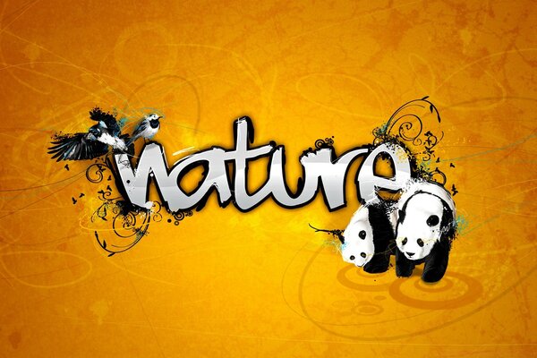 Naturaleza, pandas y aves. Letras en primer plano