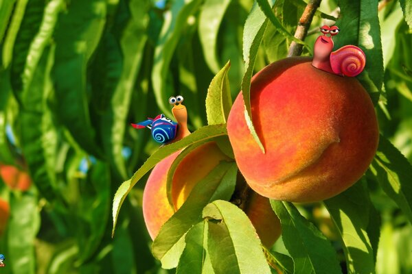 Caracoles de dibujos animados en un árbol de durazno