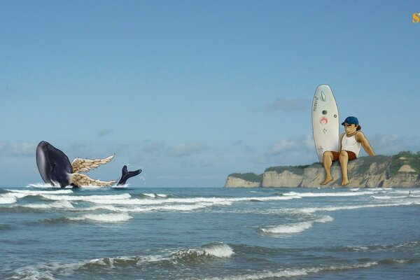 Mer et vagues, rochers et surfeur