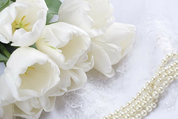 Flowers Pearls White Tulips Lace beads bouquet