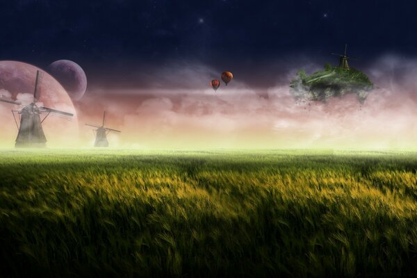 Windmills and balloons over the twilight sky