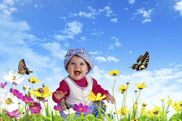 Enfant avec des papillons et des fleurs. Photoshop