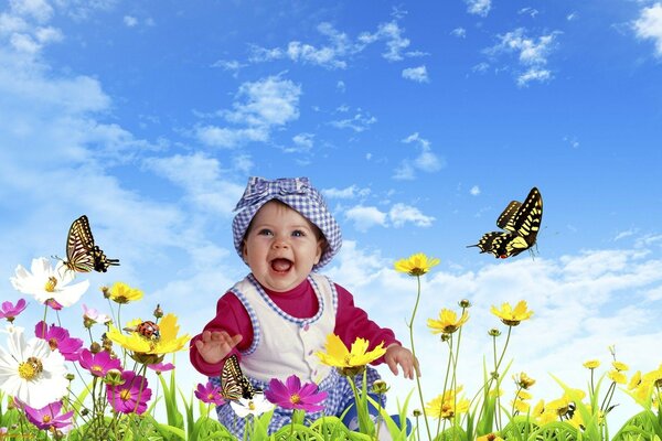 蝴蝶和鲜花的孩子。 Photoshop的