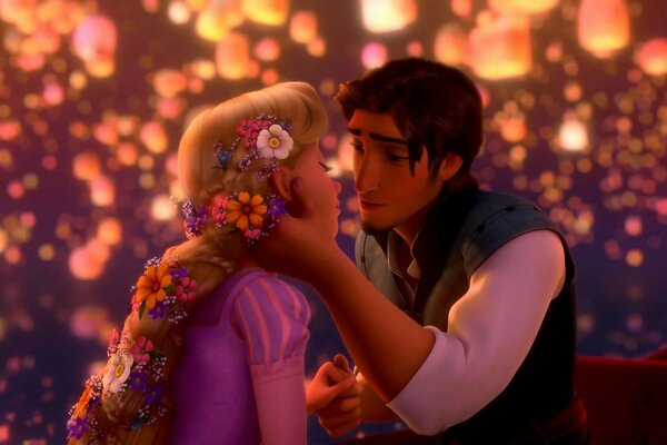 Rapunzel and Eugene kiss at the festival