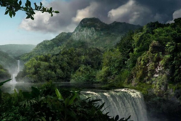 Landscape with a beautiful waterfall on the background of a green forest