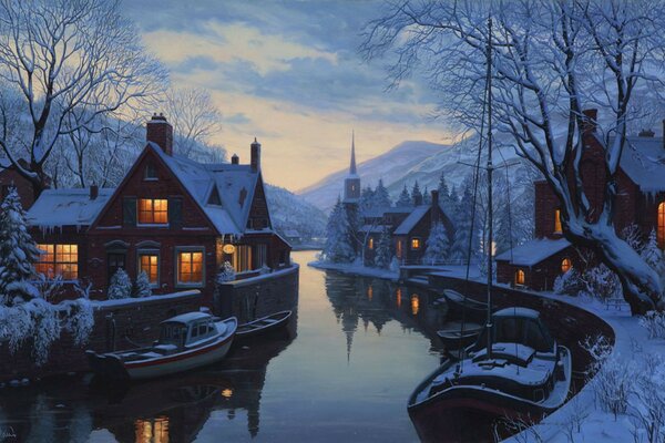 Snow. Winter. Houses. River. Beauty