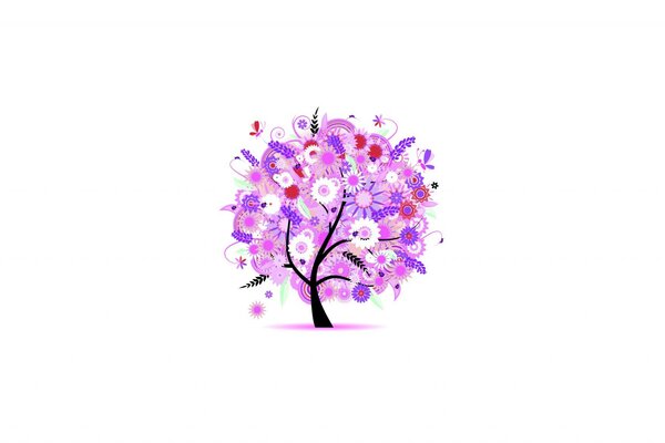 Arbre avec des fleurs rzovy ton blanc-rouge et un peu de motif violet