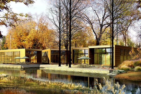 Beautiful glazed one-storey house on the river bank