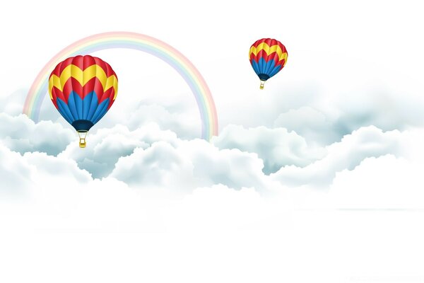 Balloons flying in the clouds with a rainbow