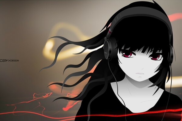 Girl with headphones with red eyes