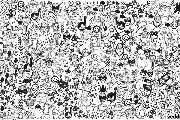 Black and white patterns with comic book characters