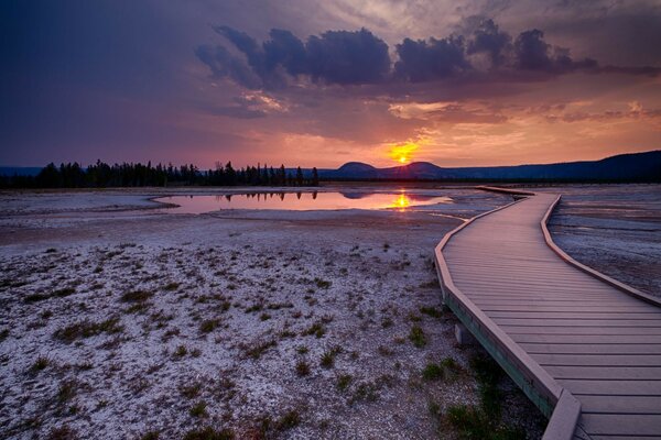 A path made of wood, going into the sunset