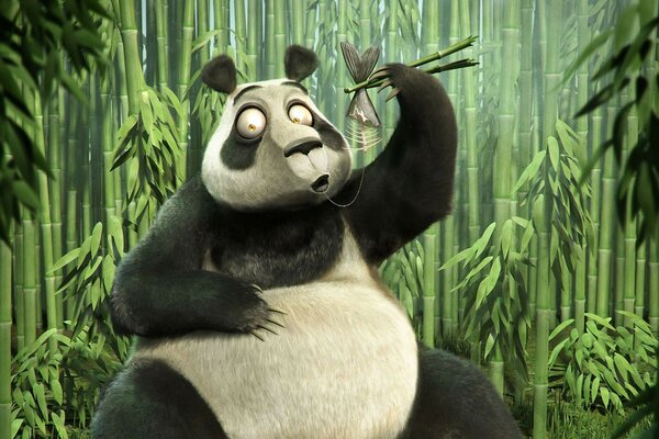 Cartoon panda eats fish with bamboo sticks