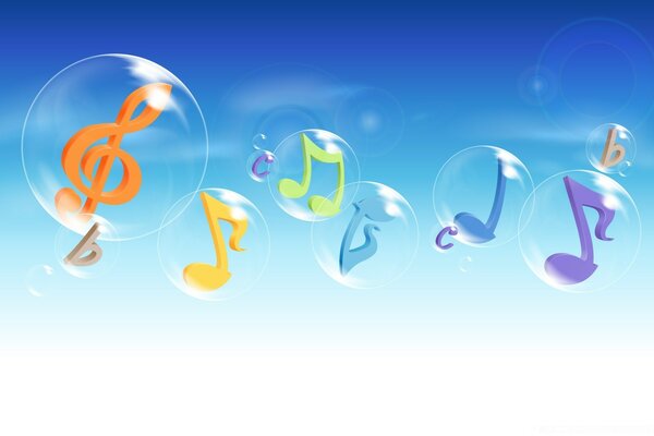 Musical notes in bubbles in the sky