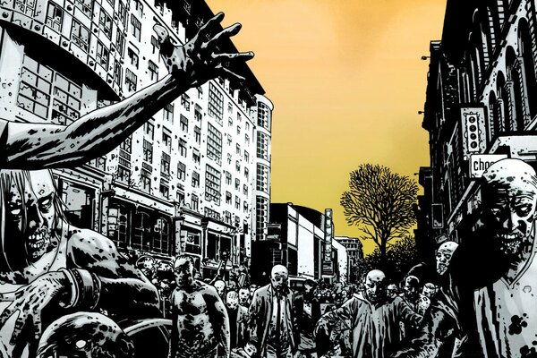 Graphic image of a crowd of zombies in the city