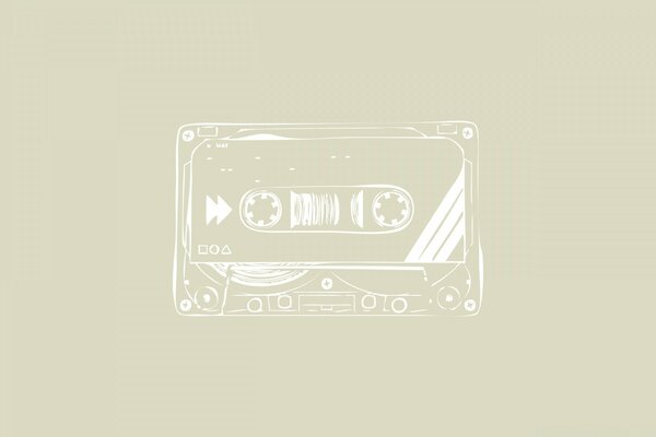 On a gray background, an illustration in white of an old tape cassette