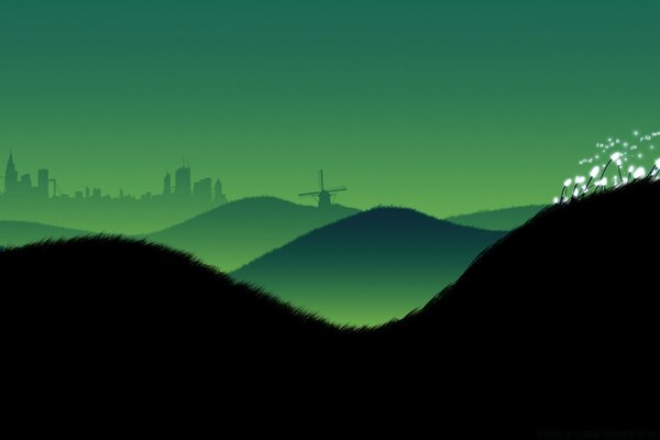 A picture of an abstract landscape in black and green tones