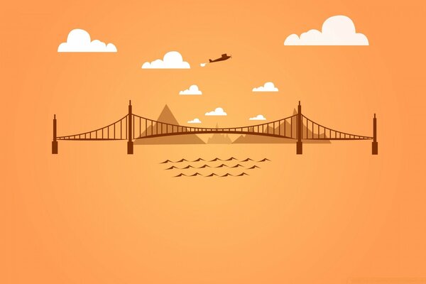 On an orange background, white clouds, a black bridge, mountains and waves