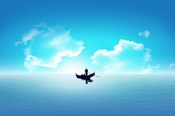 A boat with a rower on the background of a calm sea and a clear sky