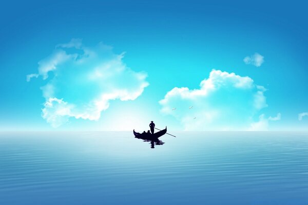 Човен з весляром на тлі спокійного моря і ясного неба
