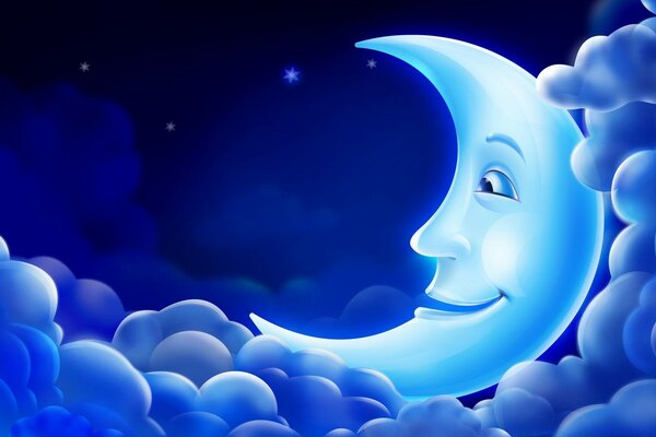 Ilustración de la Luna con la cara en las nubes por la noche