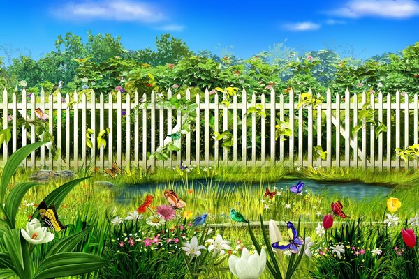 Beautiful garden. Nature is behind the fence. Butterflies on flowers