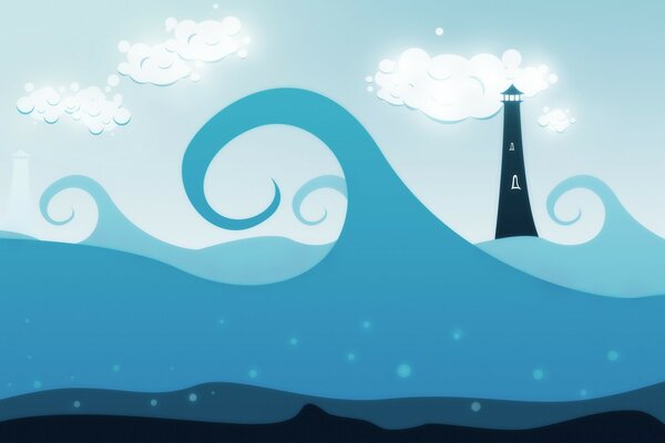 Desenho de um farol em um oceano tempestuoso