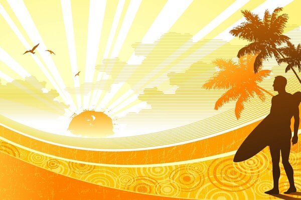 Surfer under the palm trees. Graphics. Yellow background