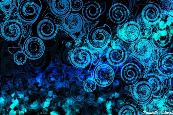Blue curlicues. Design. Dark background
