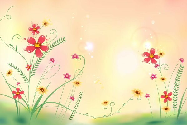 Flowers and leaves under the sun. Vector