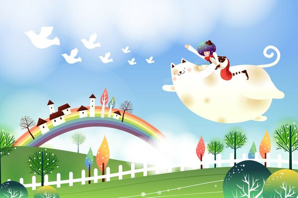 A girl on a cat flies through the city on a rainbow