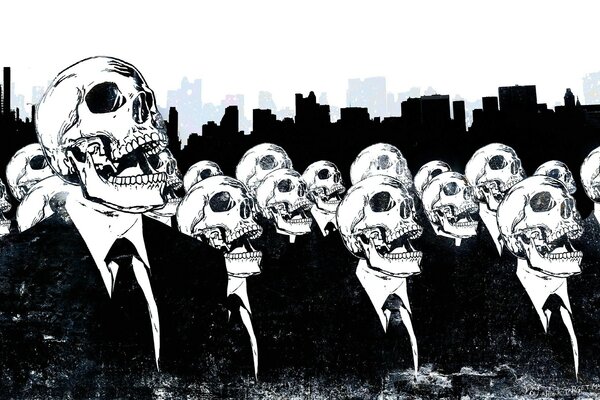 Skeletons in black suits with a bow tie