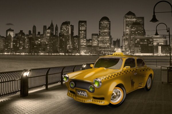 Taxi amarillo en la ciudad nocturna