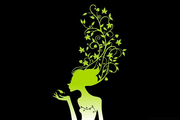 Green silhouette of a girl in flowers