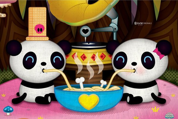 Vector graphics two pandas eating pasta