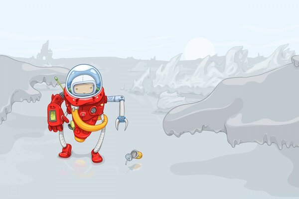 A cartoon astronaut walks on the planet