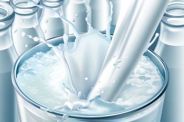 Animation of milk pouring into a glass among bottles filled with milk