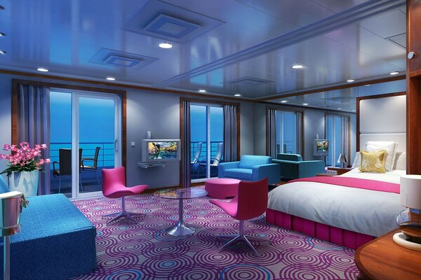 The interior of the hotel room in pink tones