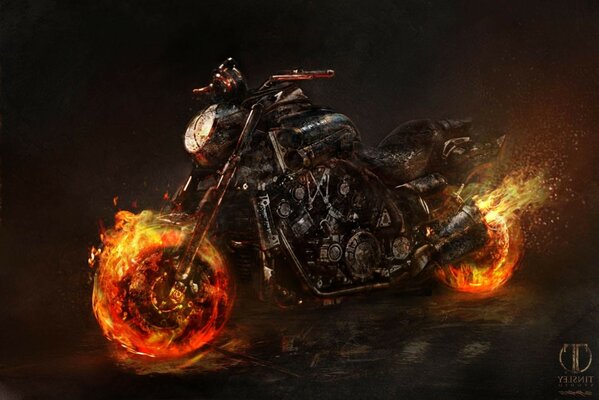 A motorcycle with fiery wheels rushes into the Distance