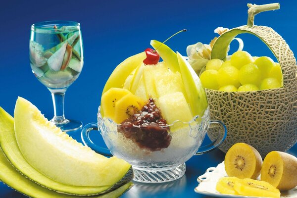 Photos of fruits in a glass and basket