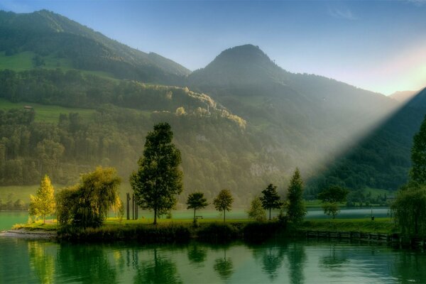 Fallende Sonnenstrahlen auf Wald und Teich