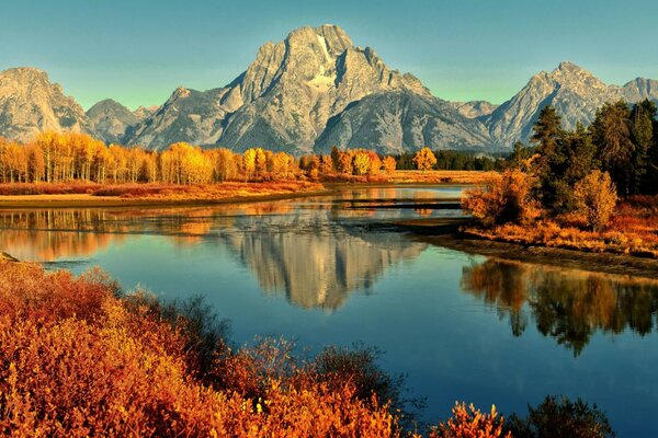 Reflection of the mountains in the autumn river