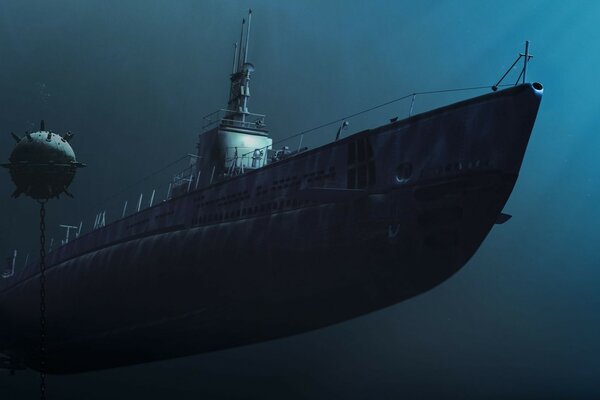 A submarine in the depths of the ocean