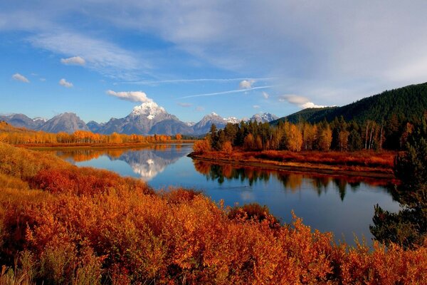 Sky clouds mountains forest river Autumn