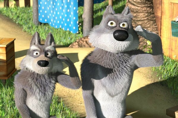 Two cartoon 3d wolves show a funny gesture