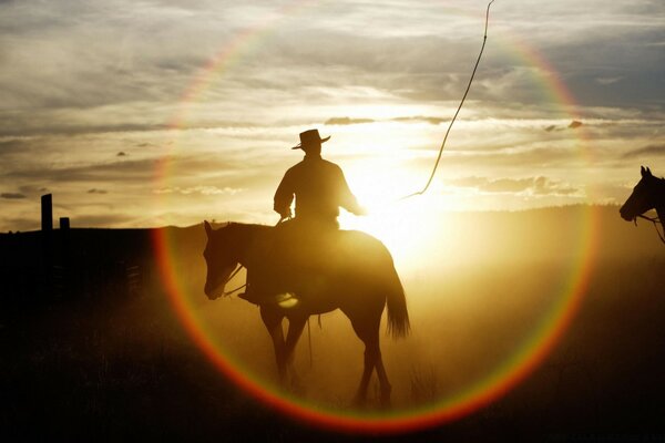 Ein Reiter auf einem Pferd bei Sonnenuntergang