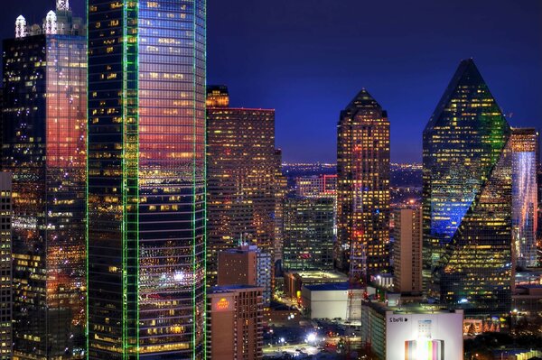 Downtown with skyscrapers at night